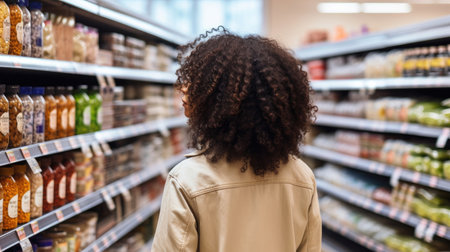 A young woman chooses products in a grocery storeの素材