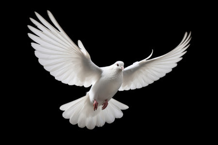 Flying white dove on black backgroundの素材
