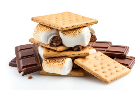 S'mores with marshmallows, chocolate and crackers isolated on white backgroundの素材