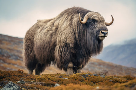 Musk ox on a pasture in the wildの素材