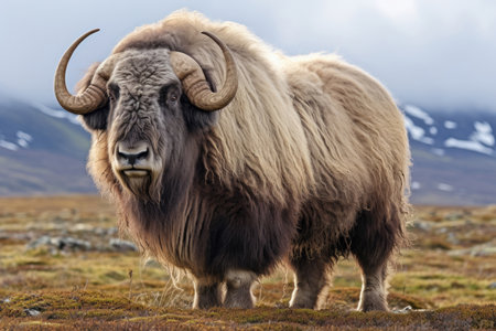 Musk ox on a pasture in the wildの素材