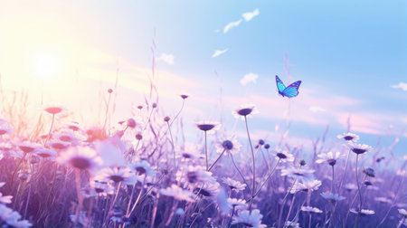 Landscape of beautiful wildflowers in cool blue colorsの素材