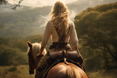 Young woman riding a horseの素材
