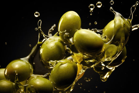 Green olives falling into olive oilの素材