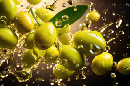 Green olives falling into olive oilの素材