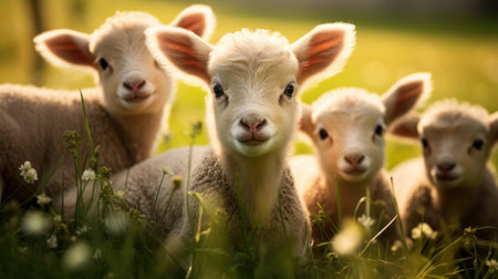 A group of lambs close-up on green grassの素材