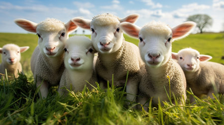 A group of lambs close-up on green grassの素材