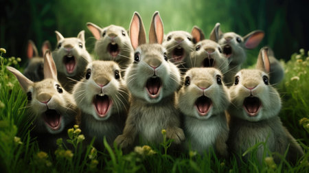 A group of funny rabbits on green grass close-upの素材