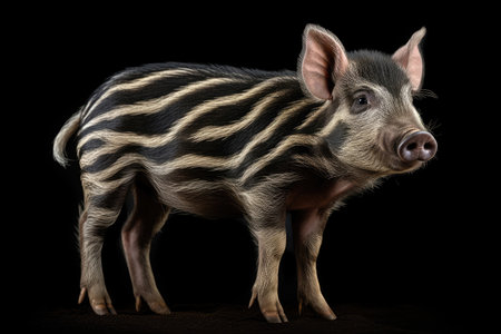 Wild striped boar piglet isolated on a black backgroundの素材