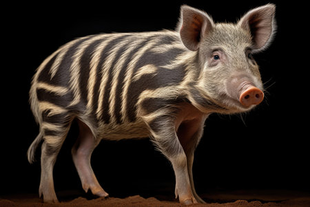 Wild striped boar piglet isolated on a black backgroundの素材