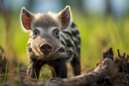 Wild striped boar piglet in the wildの素材