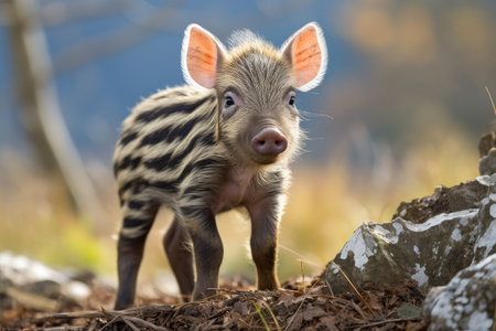 Wild striped boar piglet in the wildの素材