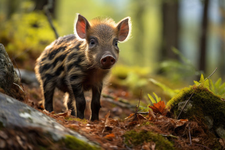 Wild striped boar piglet in the wildの素材
