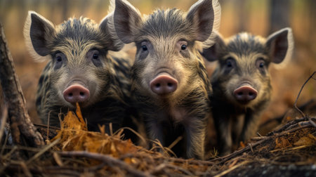 Group of wild striped boar piglets isolated on a white backgroundの素材