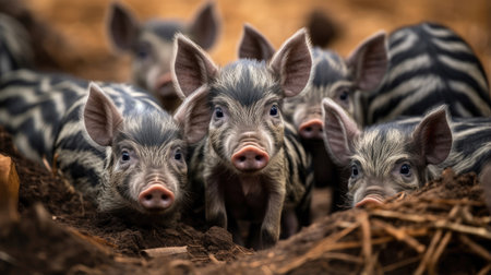 Group of wild striped boar piglets isolated on a white backgroundの素材