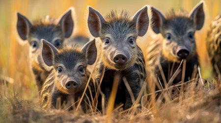 Group of wild striped boar piglets isolated on a white backgroundの素材