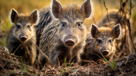 Group of wild striped boar piglets isolated on a white backgroundの素材