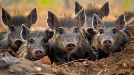 Group of wild striped boar piglets isolated on a white backgroundの素材