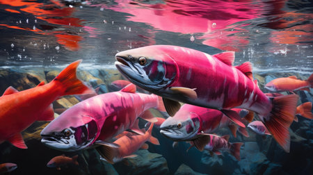 Migration for spawning of pink salmon close-upの素材