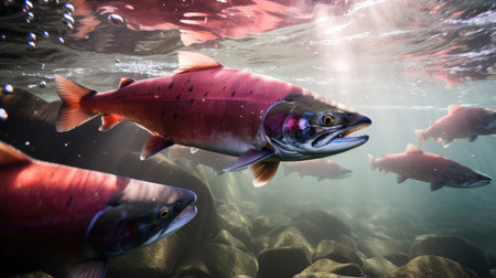 Migration for spawning of pink salmon close-upの素材