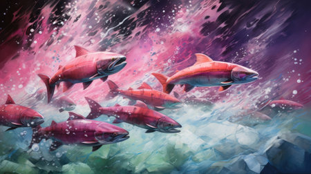 Migration for spawning of pink salmon close-upの素材