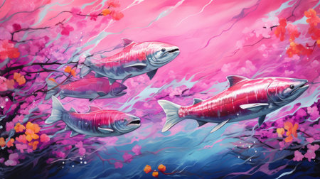 Migration for spawning of pink salmon close-upの素材