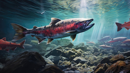 Migration for spawning of pink salmon close-upの素材