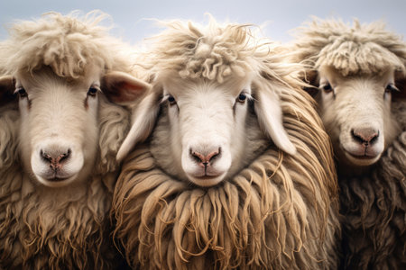 Group of long-haired sheep close upの素材