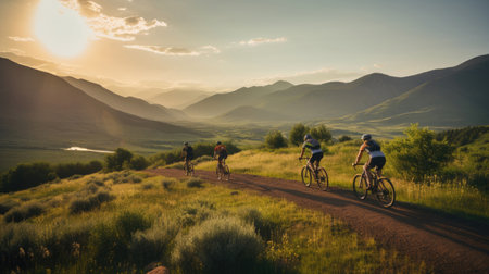 Friends riding bicycles in the mountainsの素材
