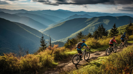 Friends riding bicycles in the mountainsの素材