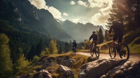 Friends riding bicycles in the mountainsの素材