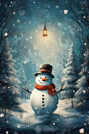 Christmas card illustration with snowmanの素材