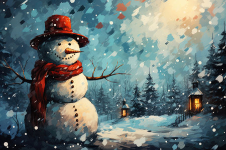 Christmas card illustration with snowmanの素材