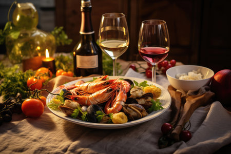 Assorted seafood and a glass of wineの素材