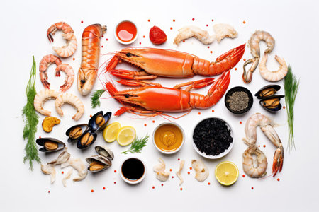 Assorted seafood isolated on a white backgroundの素材