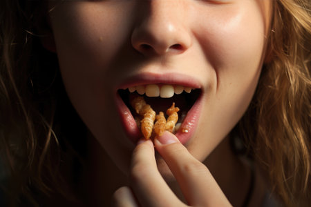 Woman eating close-upの素材
