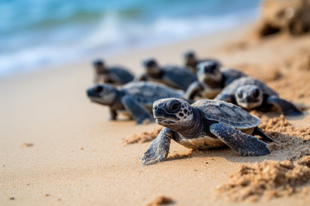 Group of little sea turtles closeupの素材