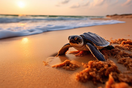 Little sea turtle on the sandy beachの素材