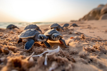 Group of little sea turtles closeupの素材