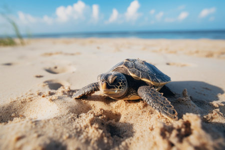 Little sea turtle on the sandy beachの素材