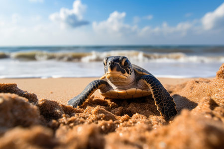 Little sea turtle on the sandy beachの素材