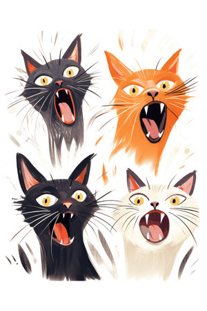 Abstract illustration of funny cartoon cats singing songs and screaming meowの素材