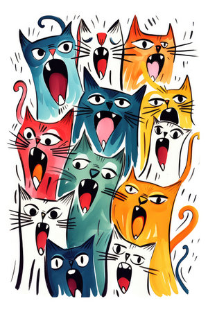 Abstract illustration of funny cartoon cats singing songs and screaming meowの素材