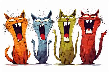 Abstract illustration of funny cartoon cats singing songs and screaming meowの素材