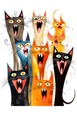 Abstract illustration of funny cartoon cats singing songs and screaming meowの素材