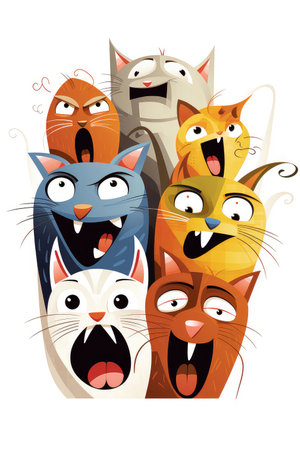 Abstract illustration of funny cartoon cats singing songs and screaming meowの素材