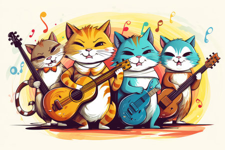 Abstract illustration of funny cartoon musical team of catsの素材