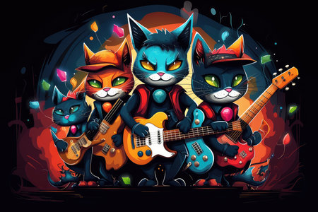 Abstract illustration of funny cartoon musical team of catsの素材