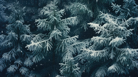 Background of evergreen trees in the forest in winterの素材