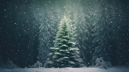 Background of evergreen trees in the forest in winterの素材